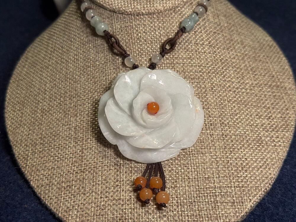 Vintage 20in Jadite Flower & Beads on Braided Cord Necklace